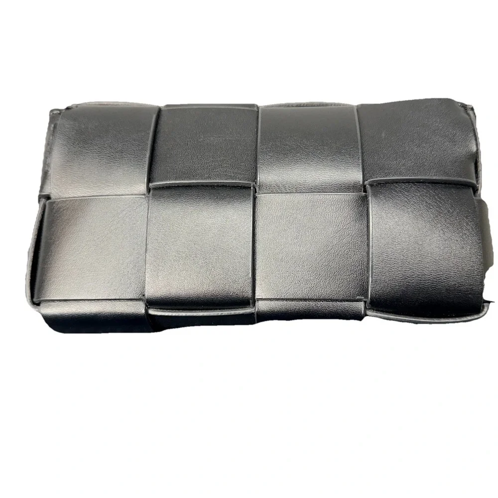 Black Woven Faux Leather Clutch Bag‎ Padded Weave Snap Closure Small Purse